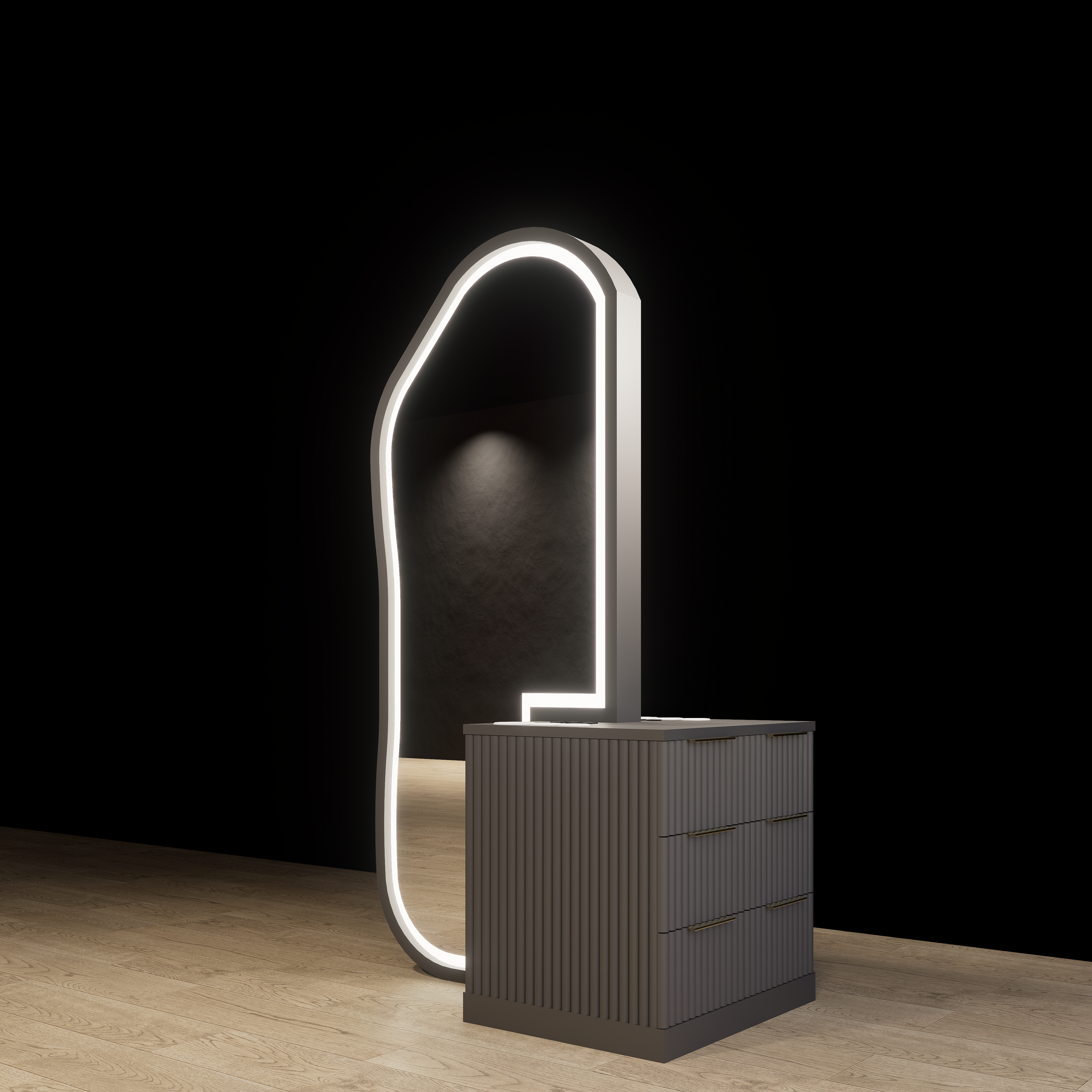 Double sided Hana salon styling station with mirrors and storage cabinetry