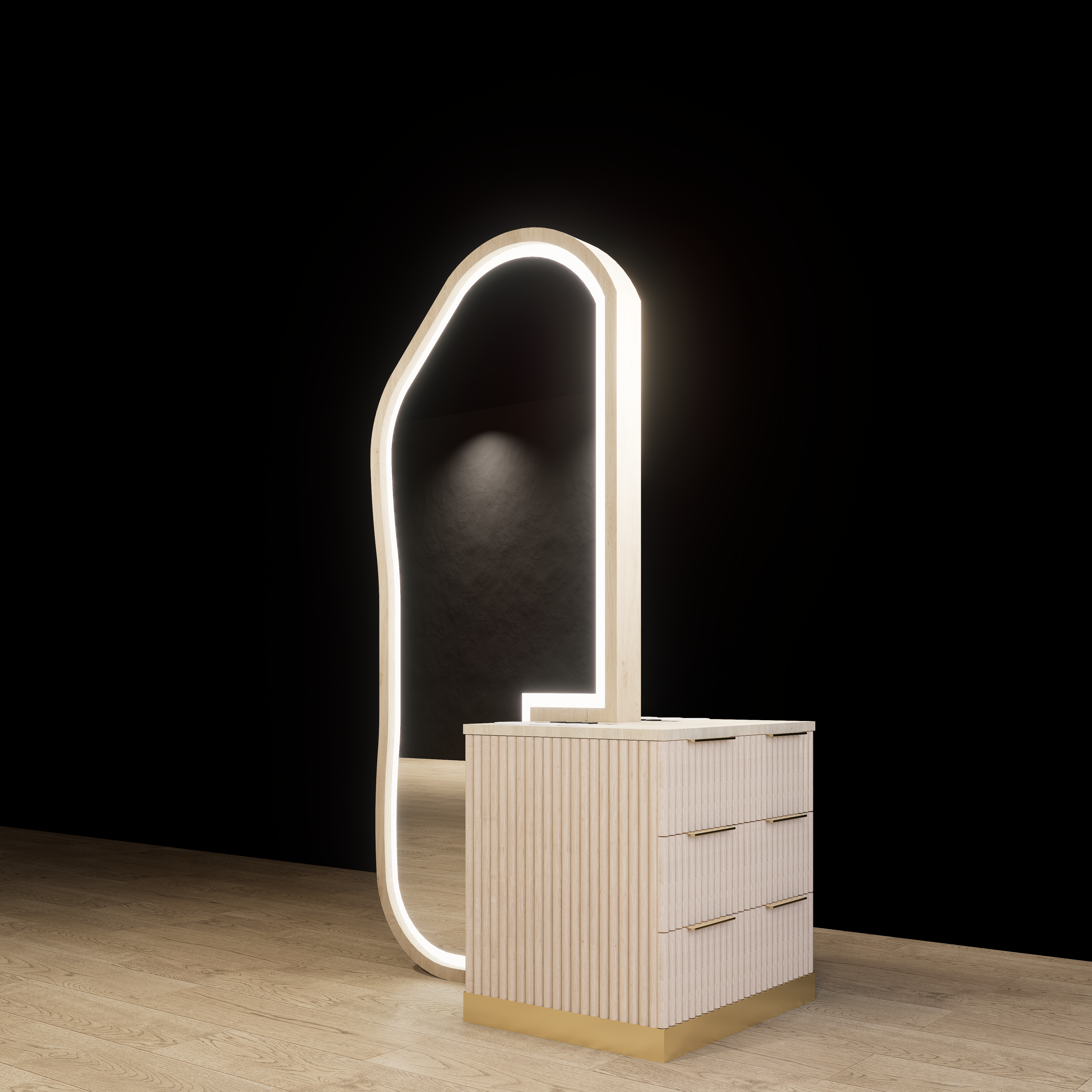 Double sided Hana salon styling station with mirrors and storage cabinetry