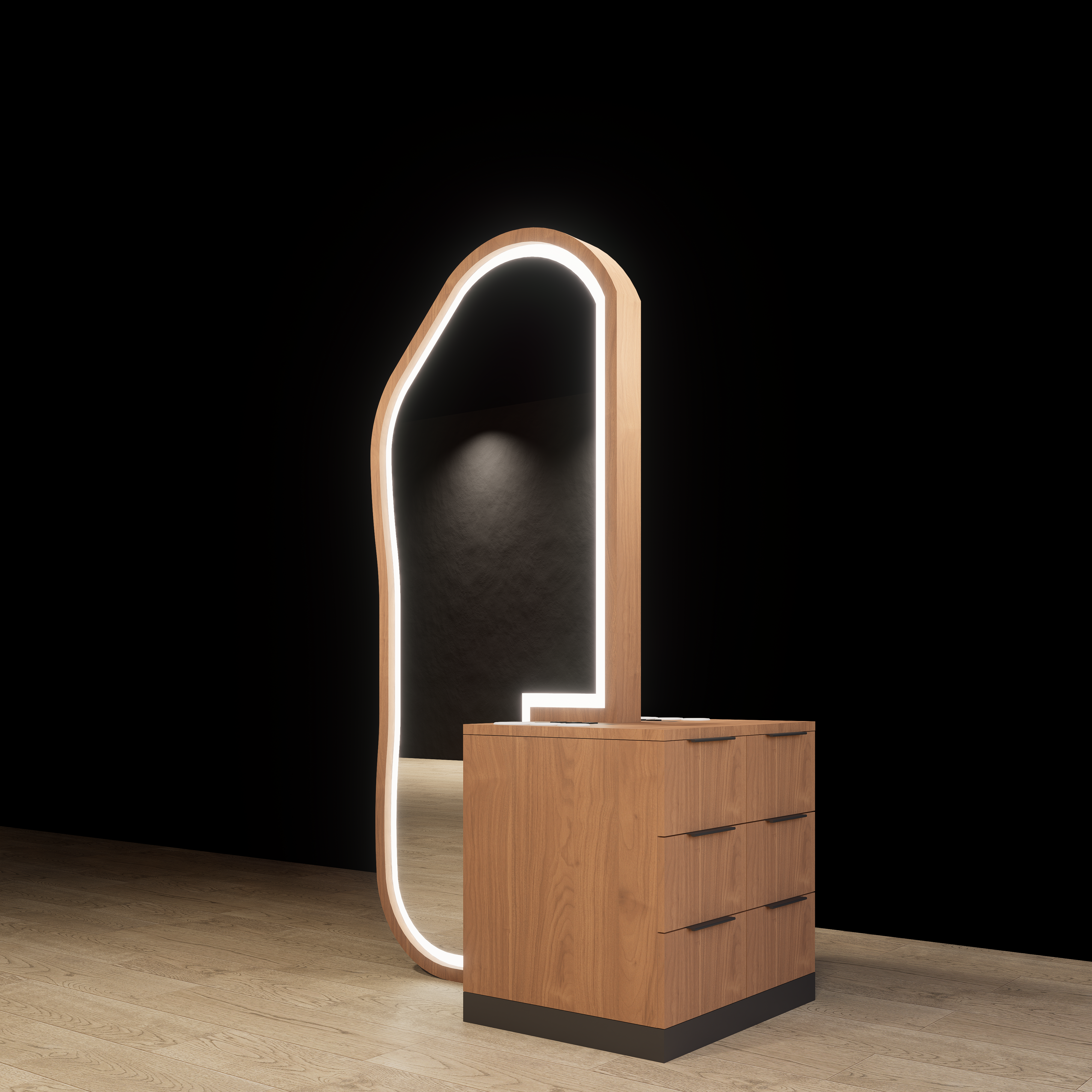 Double sided Hana salon styling station with mirrors and storage cabinetry