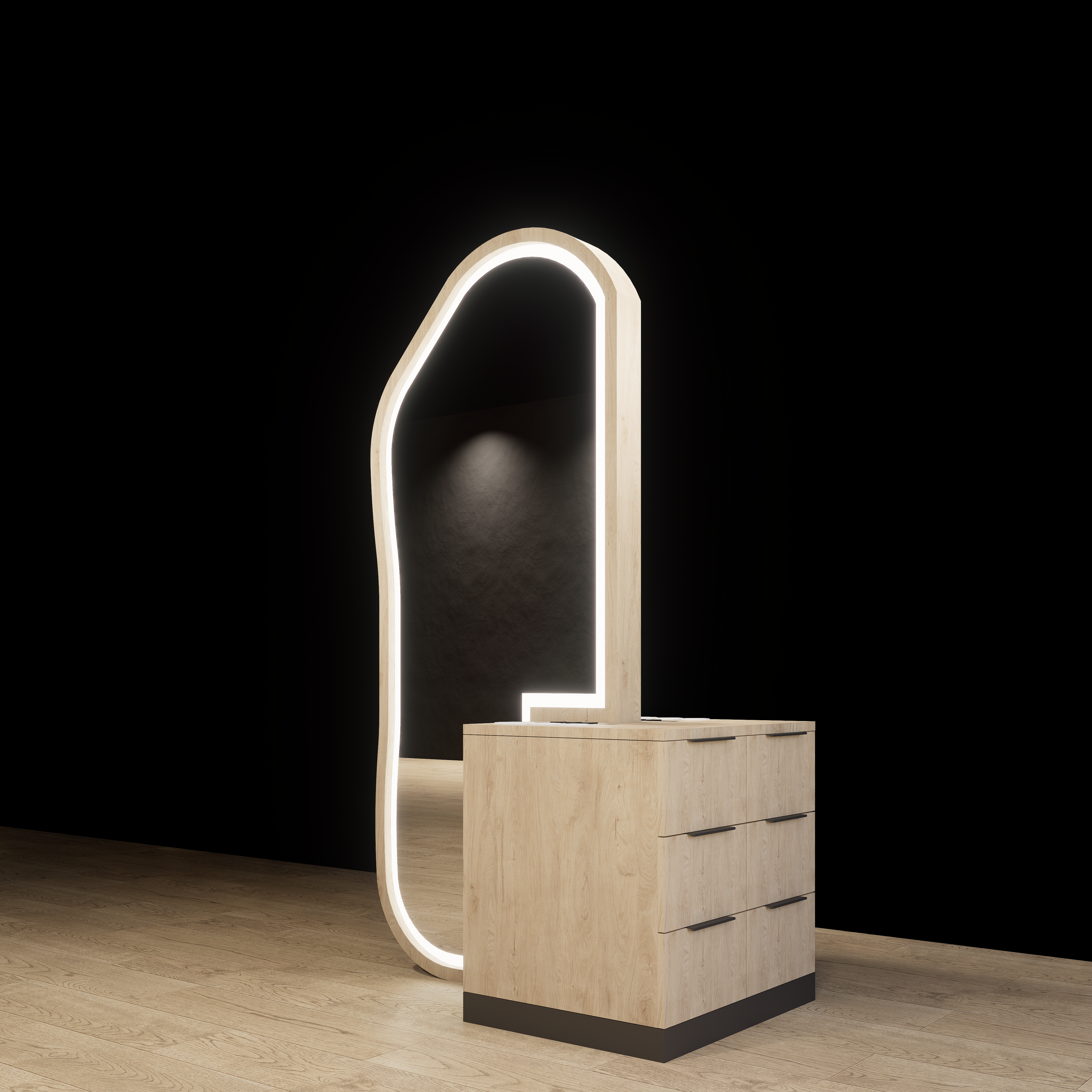 Double sided Hana salon styling station with mirrors and storage cabinetry