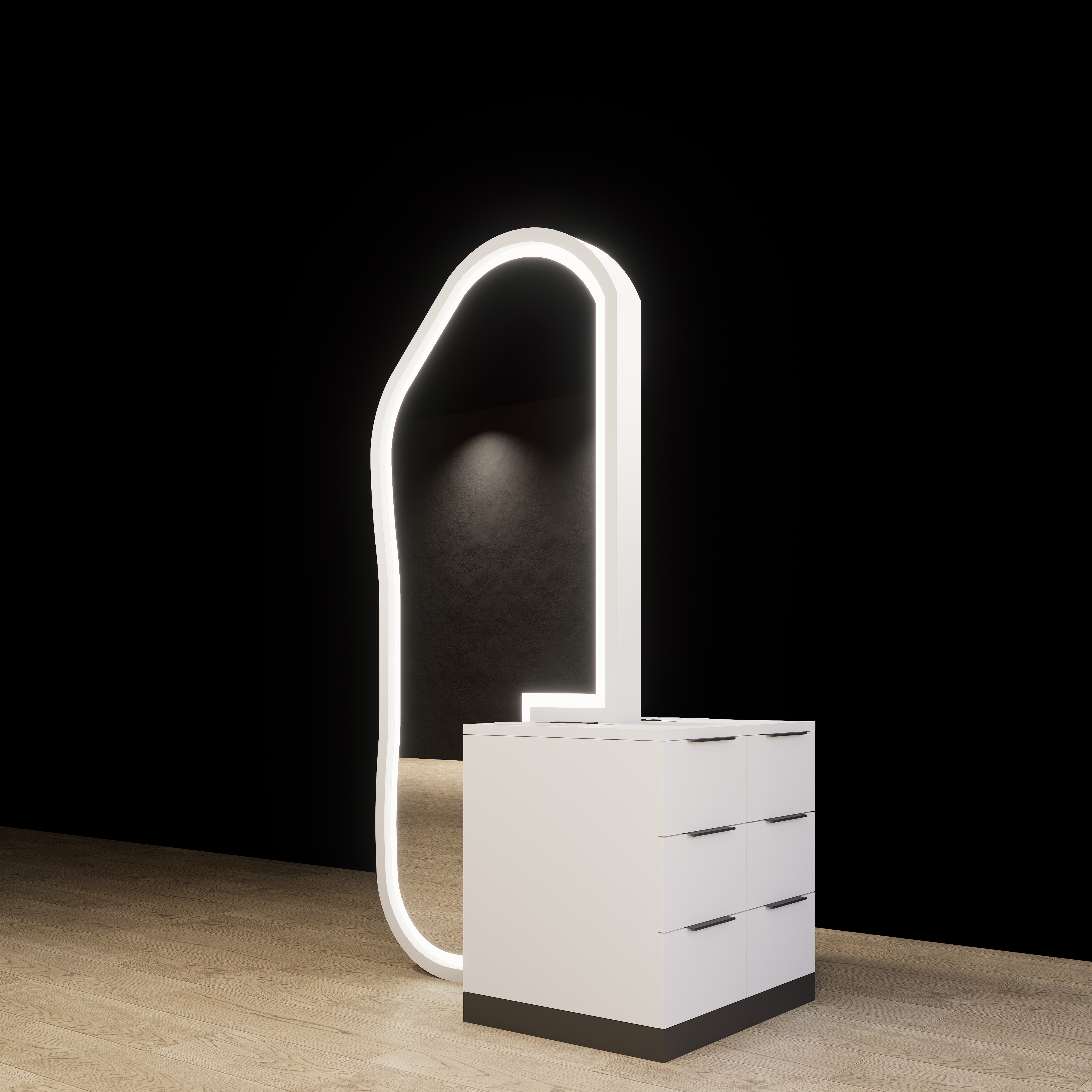 Double sided Hana salon styling station with mirrors and storage cabinetry