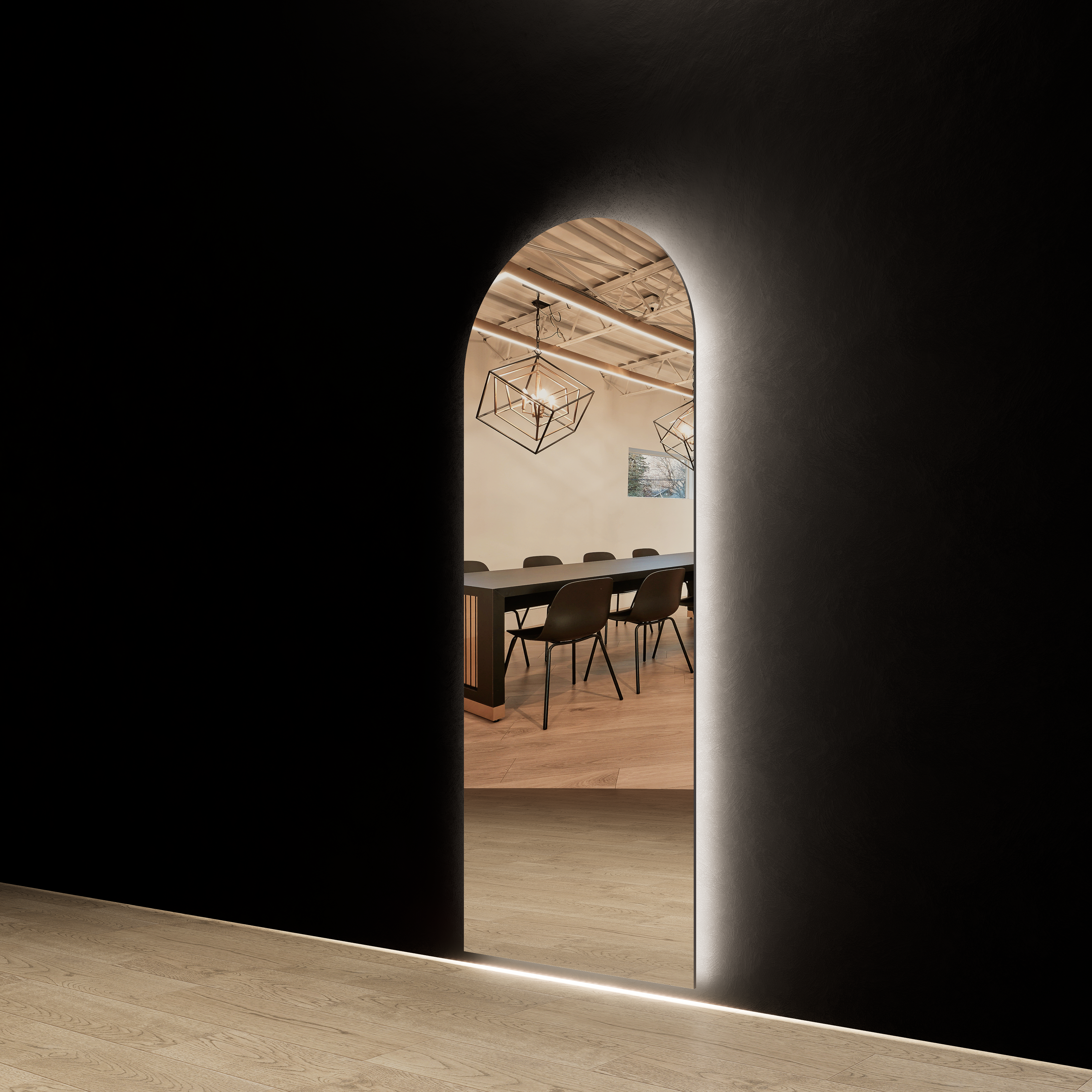 Backlit LED mirror with soft glow lighting and modern frameless design