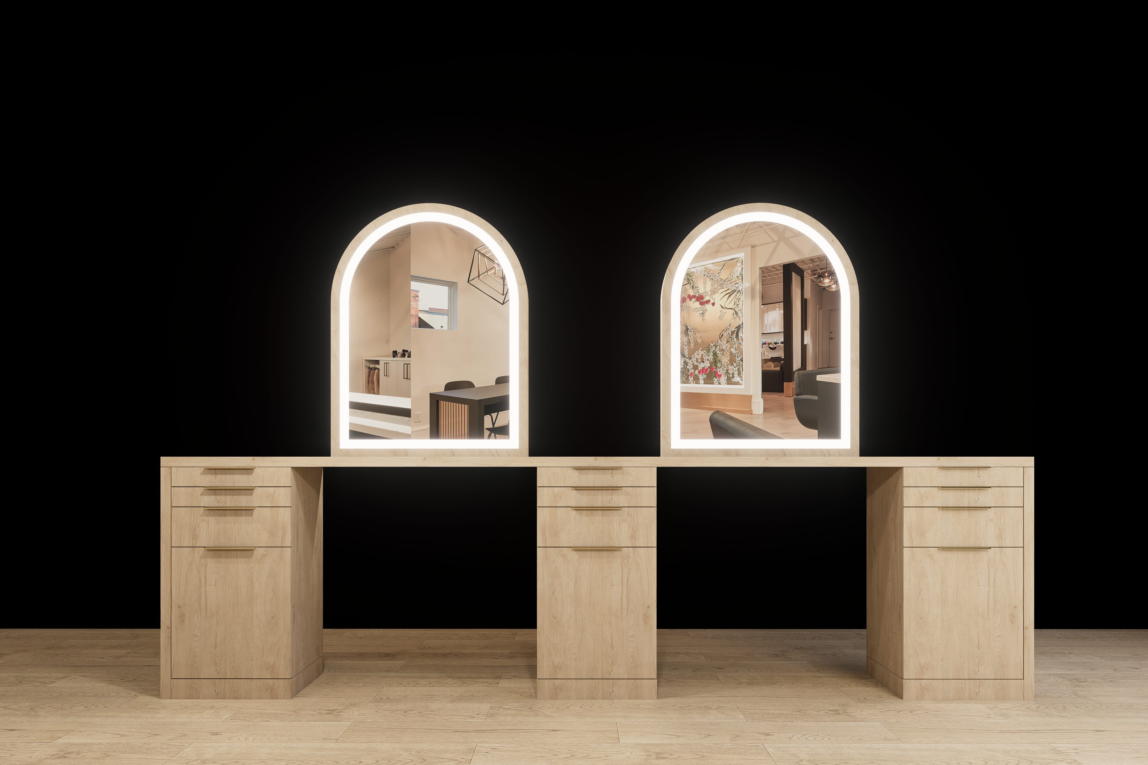 Bayfront double sided station with LED mirrors